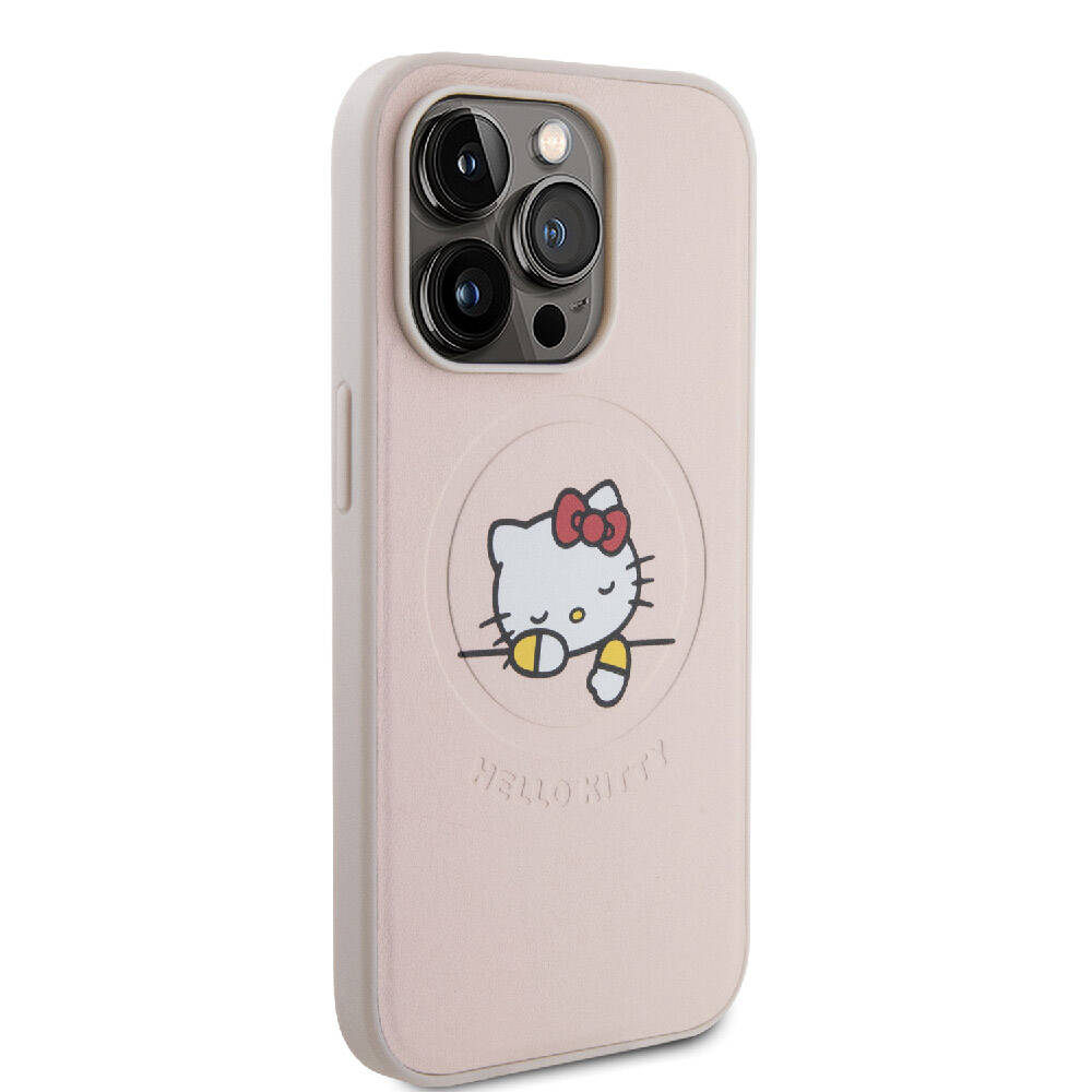 Apple iPhone 15 Pro Case Hello Kitty Original Licensed M-safe Charging Feature Printed Logo Sleeping Kitty Leather Cover Silver