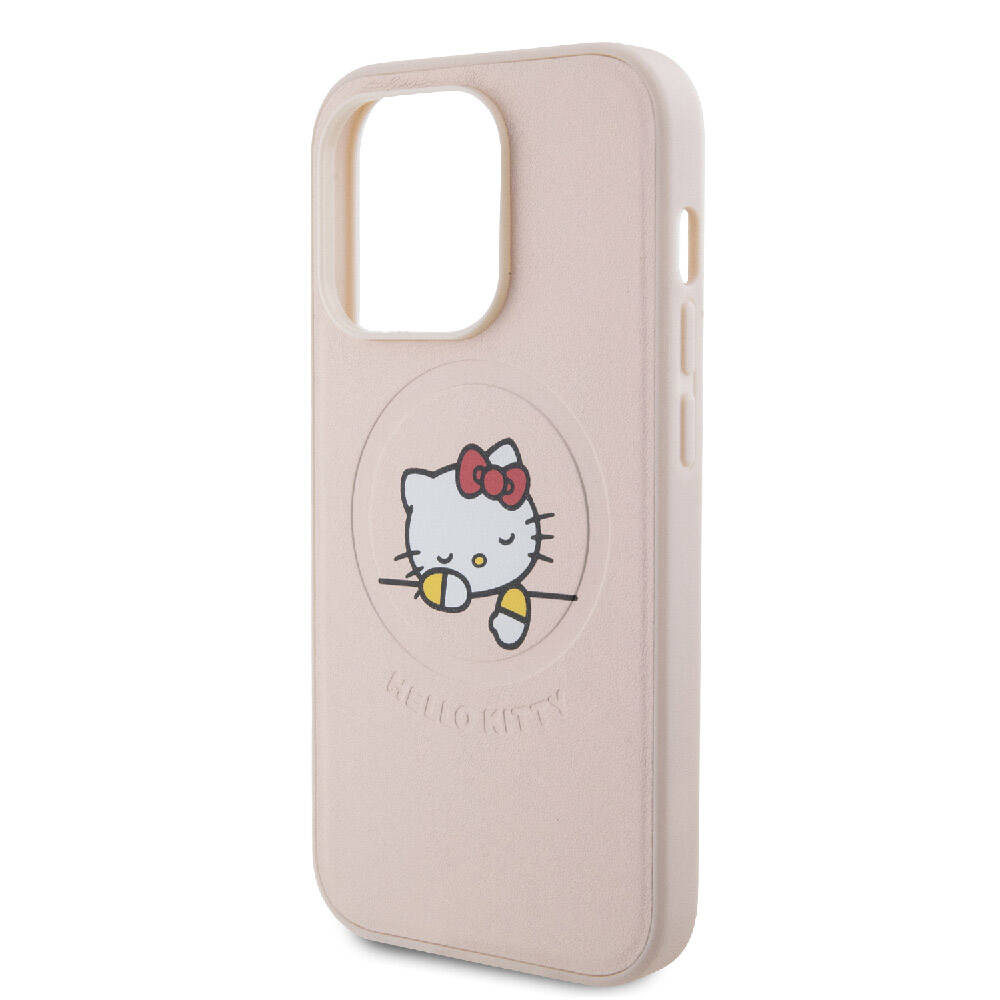 Apple iPhone 15 Pro Case Hello Kitty Original Licensed M-safe Charging Feature Printed Logo Sleeping Kitty Leather Cover Silver
