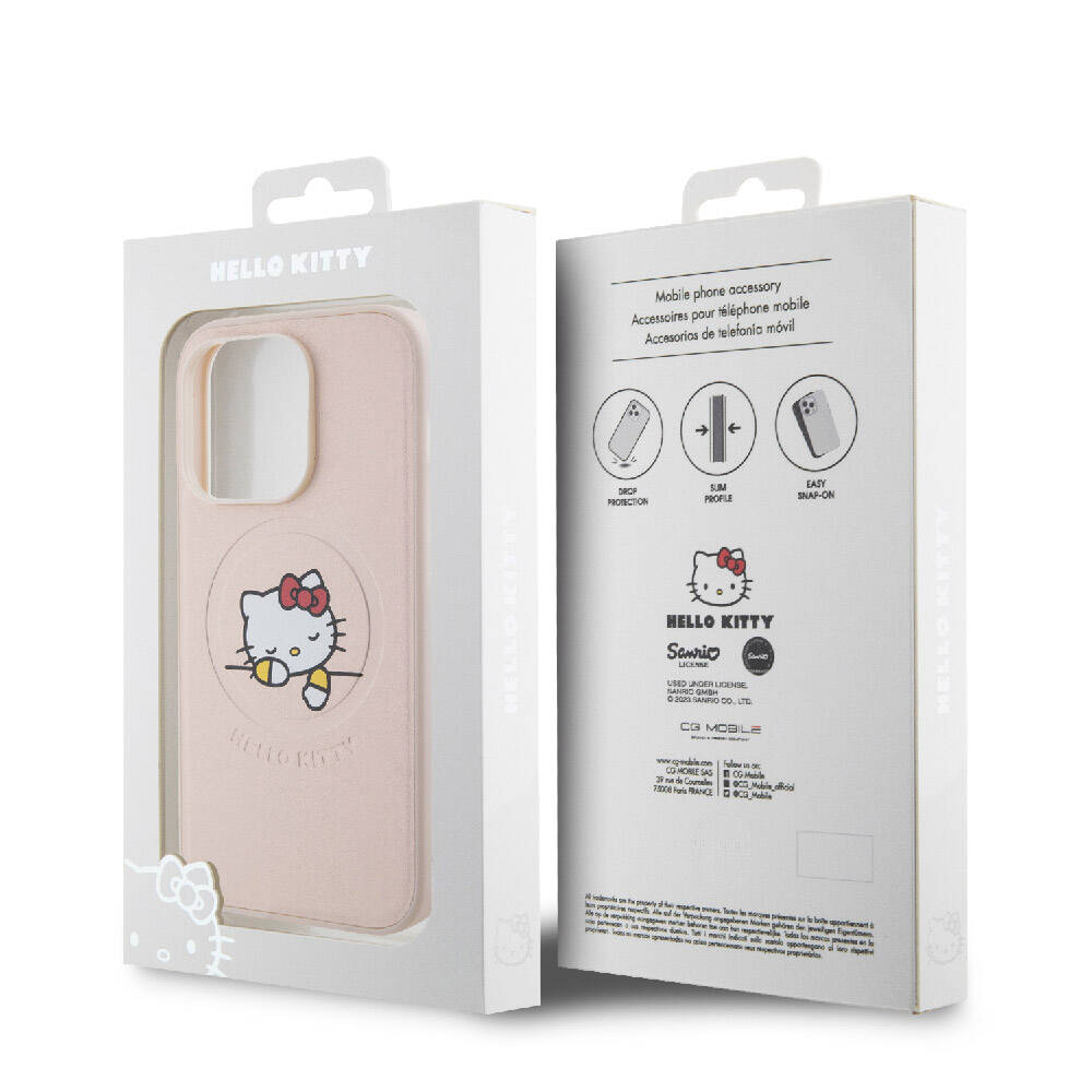 Apple iPhone 15 Pro Case Hello Kitty Original Licensed M-safe Charging Feature Printed Logo Sleeping Kitty Leather Cover Silver