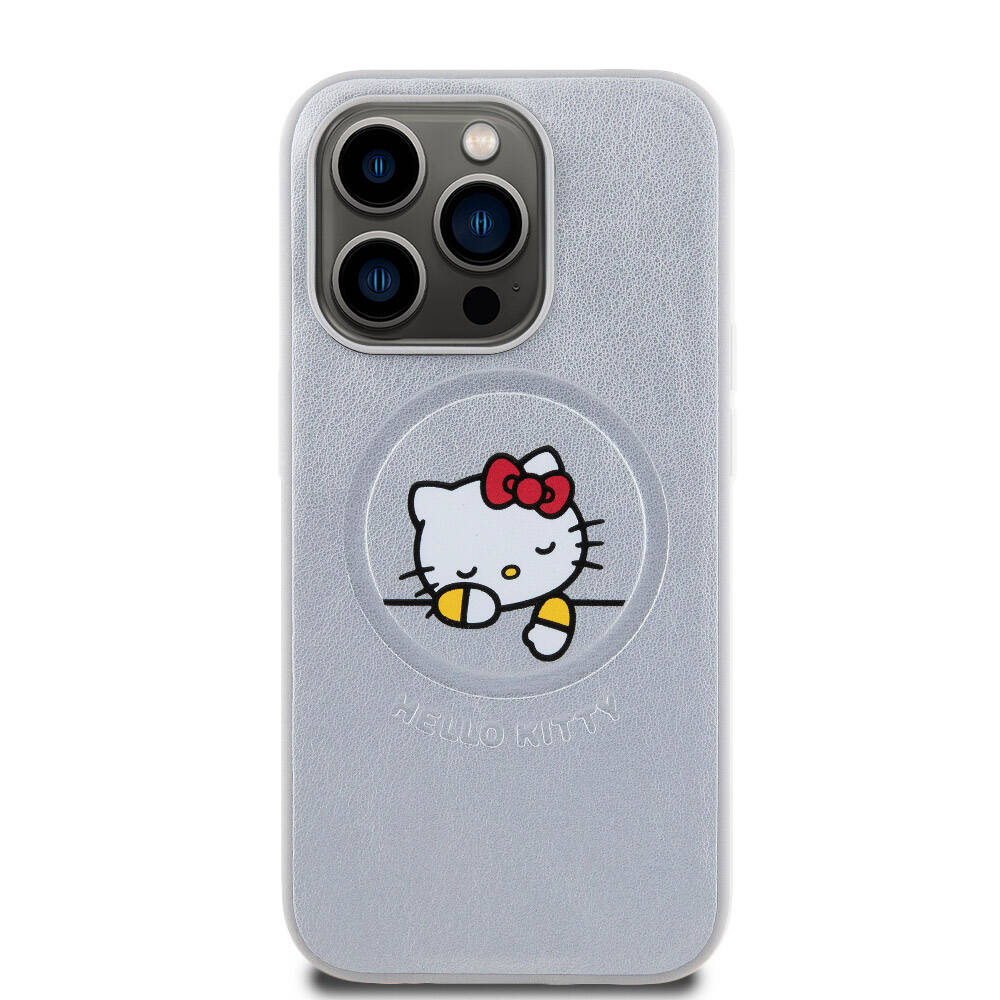 Apple iPhone 15 Pro Case Hello Kitty Original Licensed M-safe Charging Feature Printed Logo Sleeping Kitty Leather Cover Silver