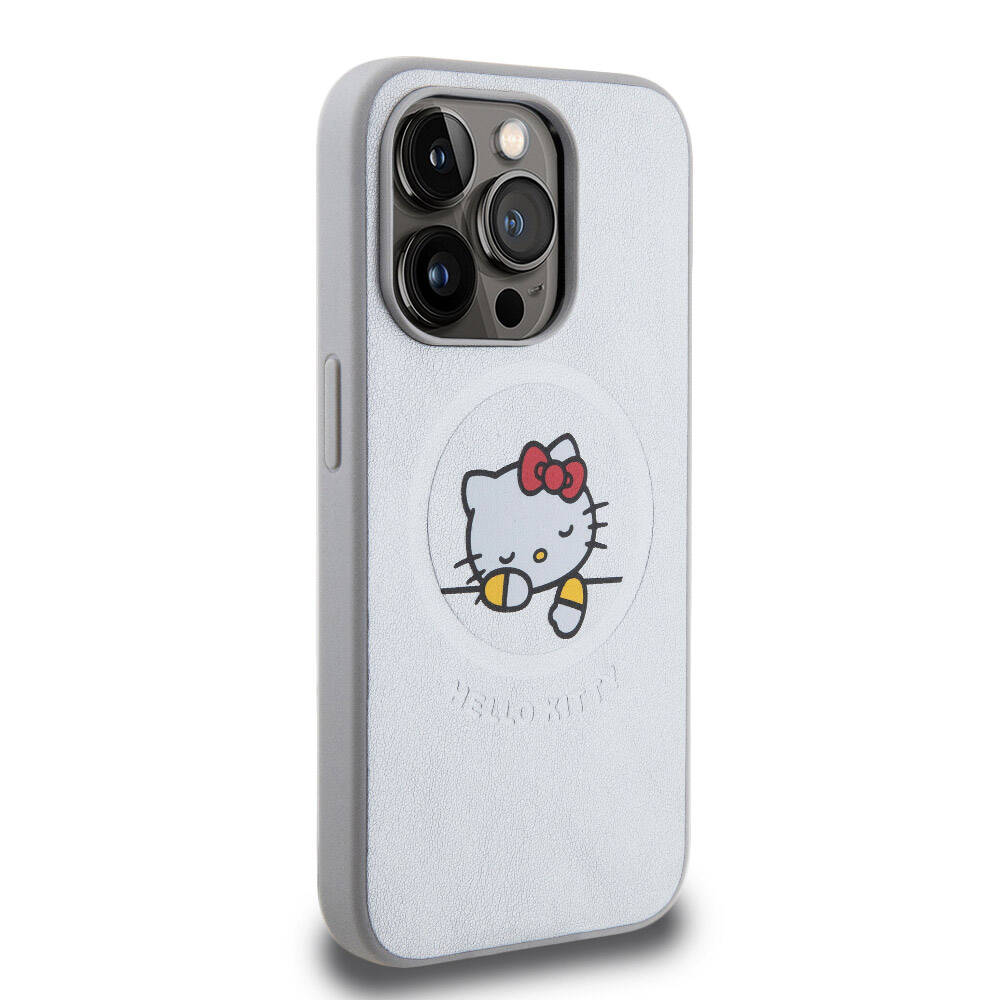 Apple iPhone 15 Pro Case Hello Kitty Original Licensed M-safe Charging Feature Printed Logo Sleeping Kitty Leather Cover Silver