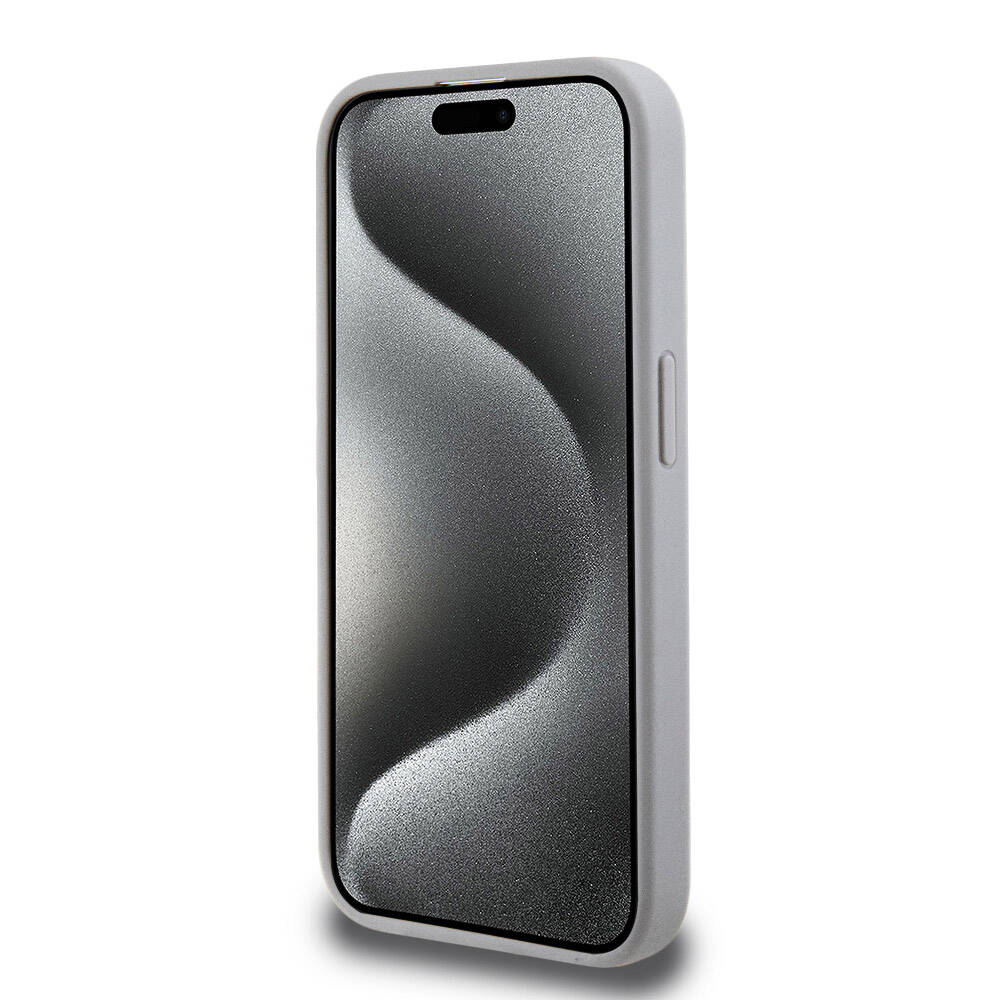 Apple iPhone 15 Pro Case Hello Kitty Original Licensed M-safe Charging Feature Printed Logo Sleeping Kitty Leather Cover Silver