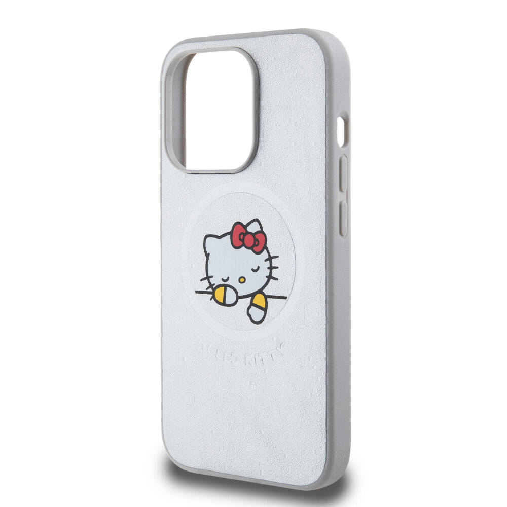 Apple iPhone 15 Pro Case Hello Kitty Original Licensed M-safe Charging Feature Printed Logo Sleeping Kitty Leather Cover Silver