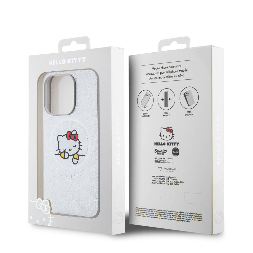 Apple iPhone 15 Pro Case Hello Kitty Original Licensed M-safe Charging Feature Printed Logo Sleeping Kitty Leather Cover Silver