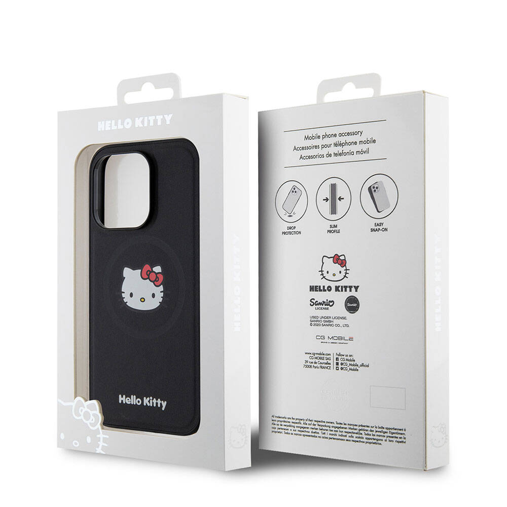 Apple iPhone 15 Pro Case Hello Kitty Original Licensed M-safe Charging Feature Kitty Head Leather Cover Black