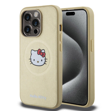 Apple iPhone 15 Pro Kılıf Hello Kitty Orjinal Lisanslı M-safe Şarj Özellikli Kitty Head Deri Kapak Gold