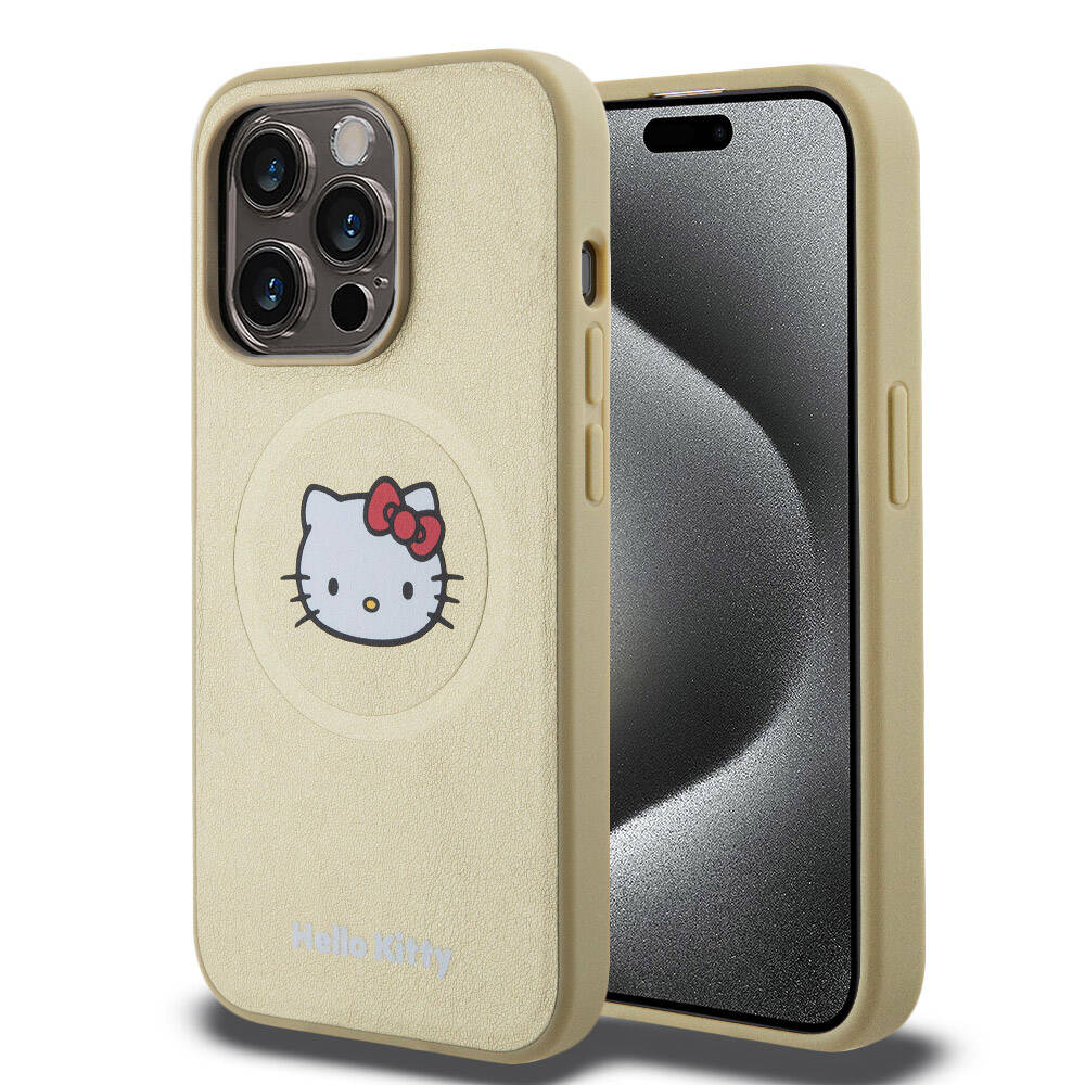 Apple iPhone 15 Pro Case Hello Kitty Original Licensed M-safe Charging Feature Kitty Head Leather Cover Black