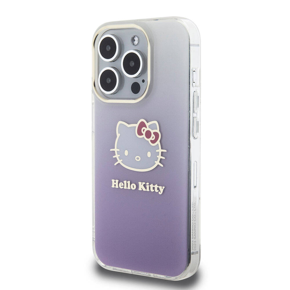 Apple iPhone 15 Pro Case Hello Kitty Original Licensed Text and Iconic Logo Electroplating Coating Gradient Cover Purple