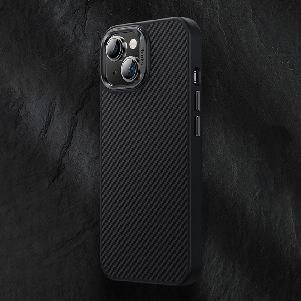 Apple iPhone 15 Pro Case Carbon Fiber M-Safe Charging Feature Benks Hybrid ArmorPro 600D Kevlar Cover Black