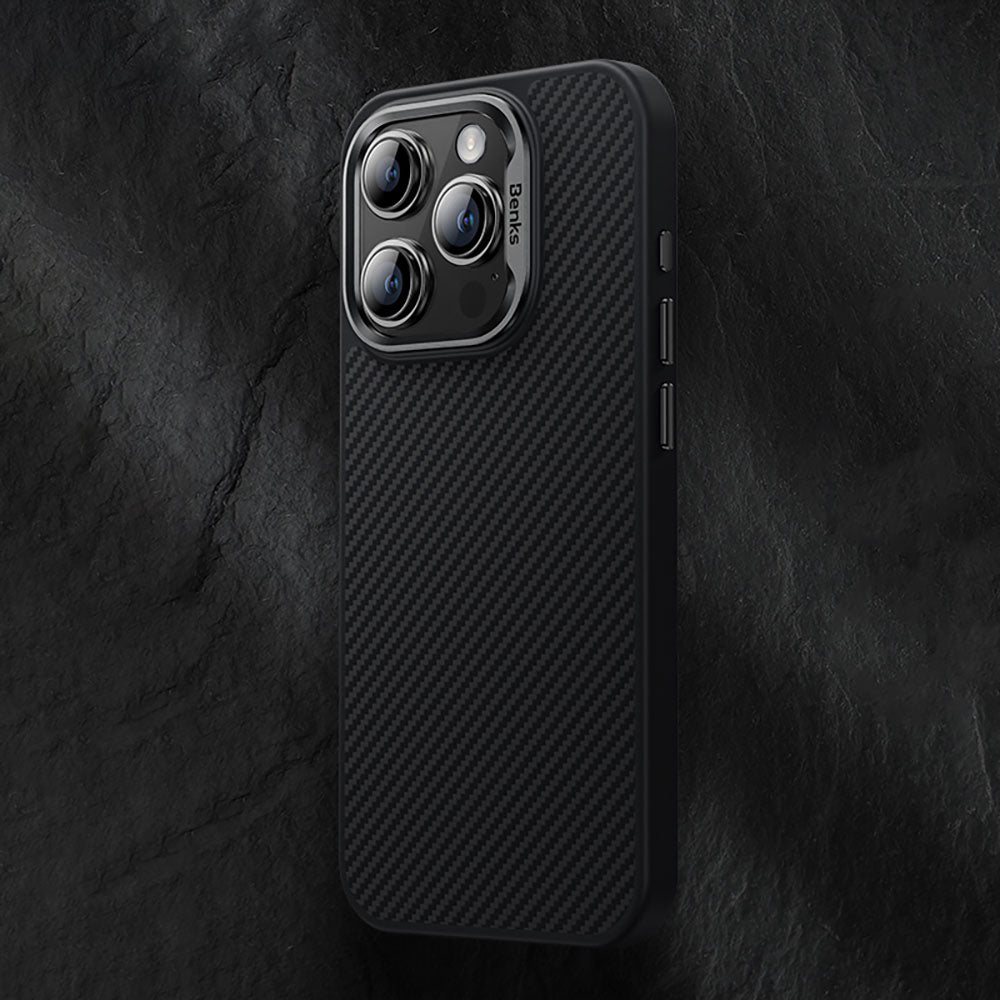 Apple iPhone 15 Pro Case Carbon Fiber M-Safe Charging Feature Benks Hybrid ArmorPro 600D Kevlar Cover Black