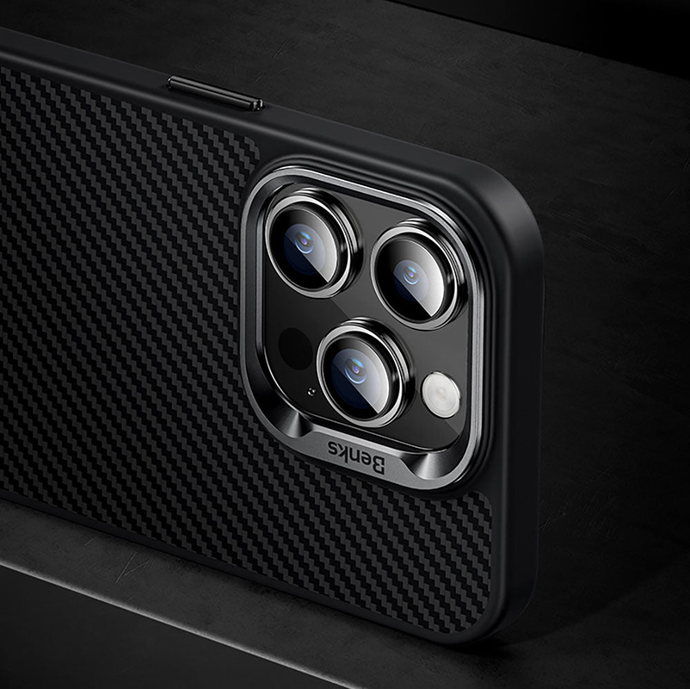 Apple iPhone 15 Pro Case Carbon Fiber M-Safe Charging Feature Benks Hybrid ArmorPro 600D Kevlar Cover Black