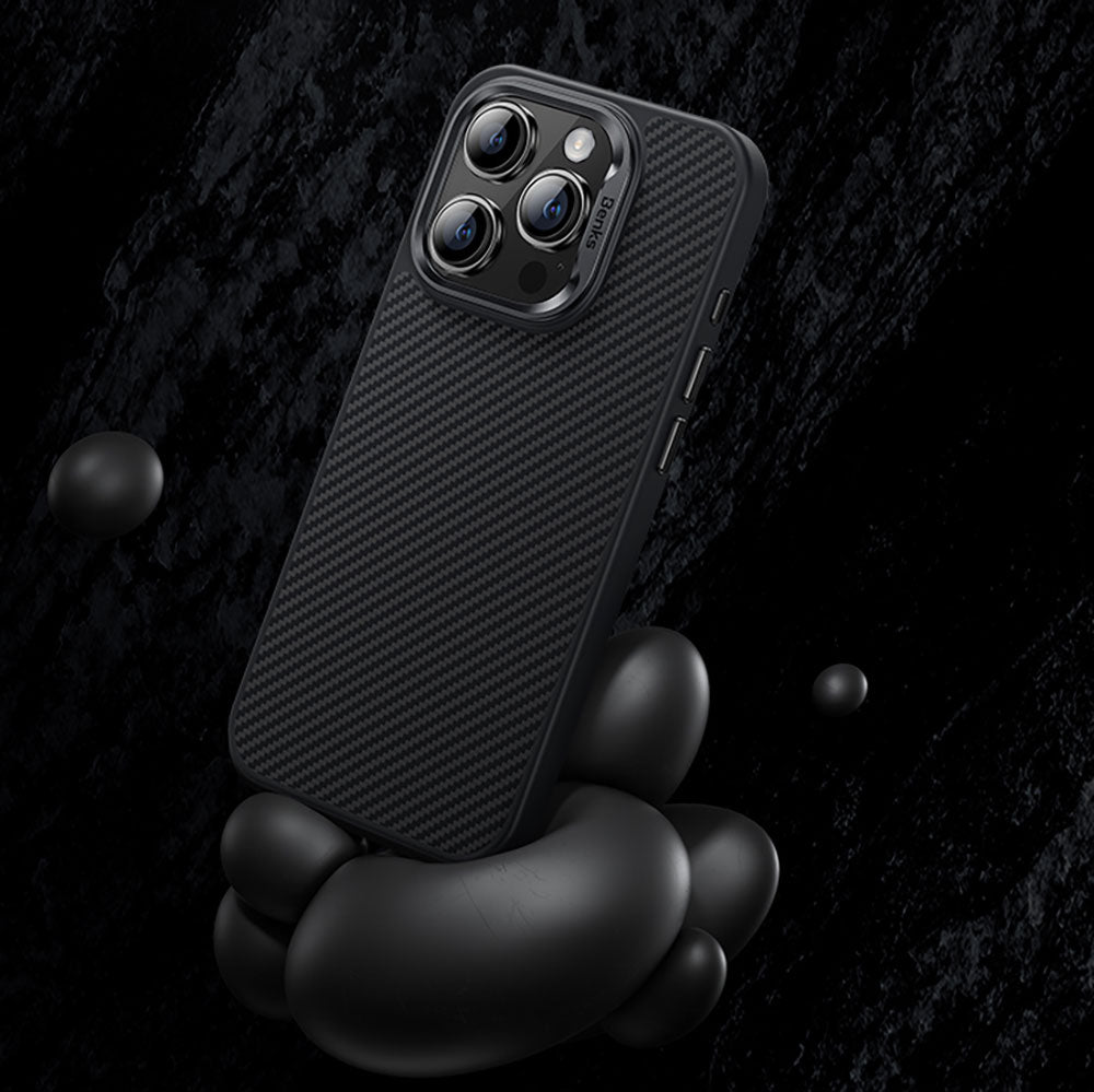 Apple iPhone 15 Pro Case Carbon Fiber M-Safe Charging Feature Benks Hybrid ArmorPro 600D Kevlar Cover Black