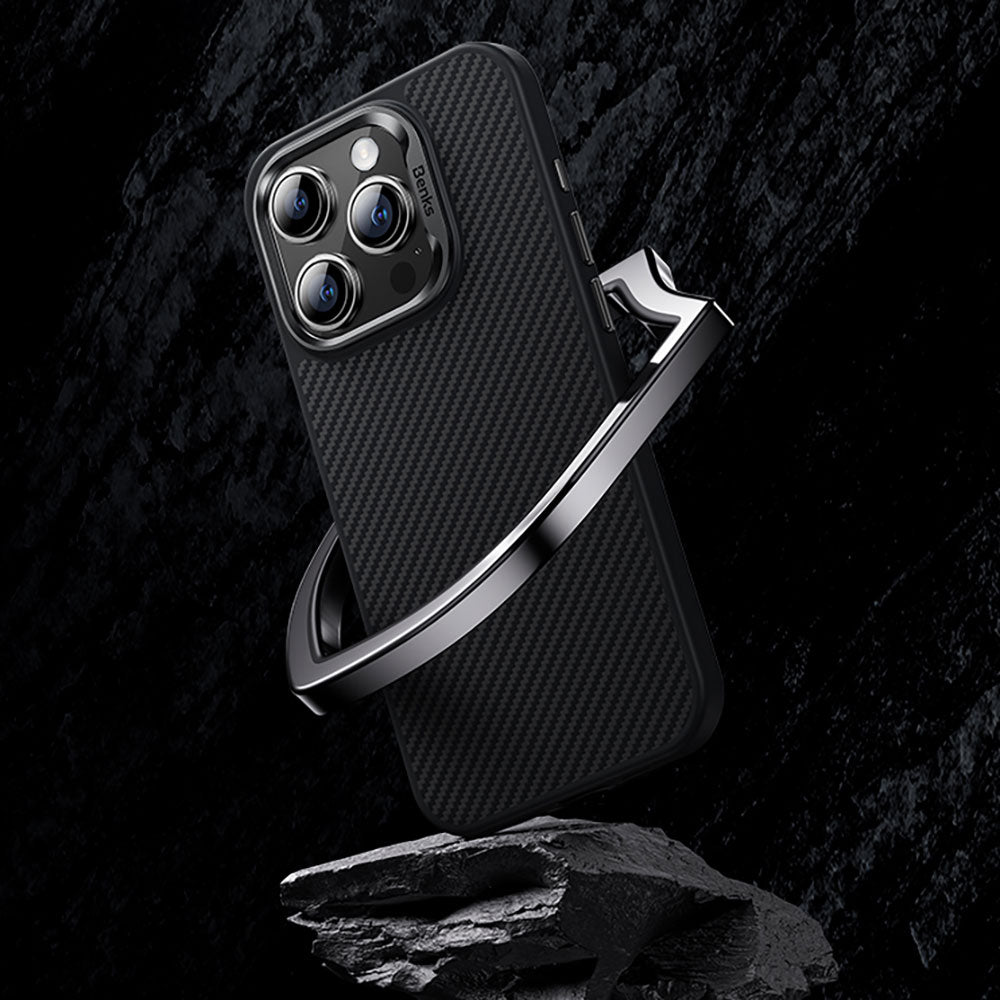 Apple iPhone 15 Pro Case Carbon Fiber M-Safe Charging Feature Benks Hybrid ArmorPro 600D Kevlar Cover Black