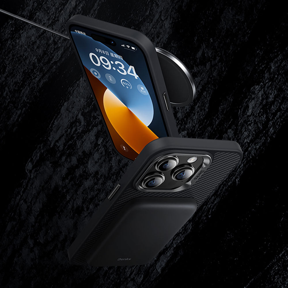 Apple iPhone 15 Pro Case Carbon Fiber M-Safe Charging Feature Benks Hybrid ArmorPro 600D Kevlar Cover Black