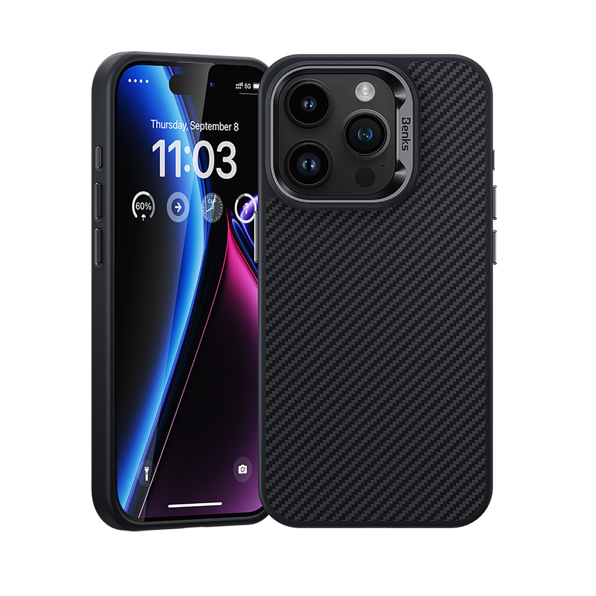 Apple iPhone 15 Pro Case Carbon Fiber M-Safe Charging Feature Benks Hybrid ArmorPro 600D Kevlar Cover Black