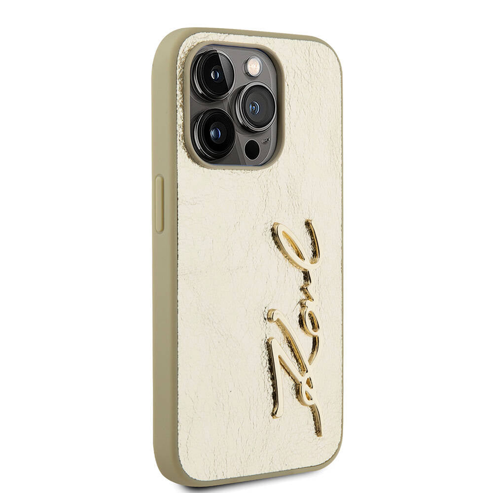 Apple iPhone 15 Pro Case Karl Lagerfeld Original Licensed 3D KL Printed Feathered Back Surface Saffiano Rhinestones Cover Gold