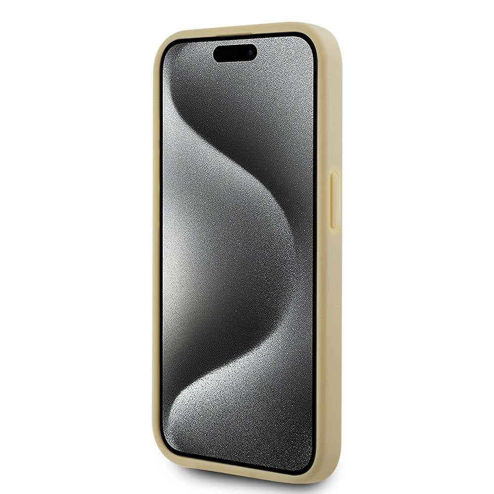 Apple iPhone 15 Pro Case Karl Lagerfeld Original Licensed 3D KL Printed Feathered Back Surface Saffiano Rhinestones Cover Gold