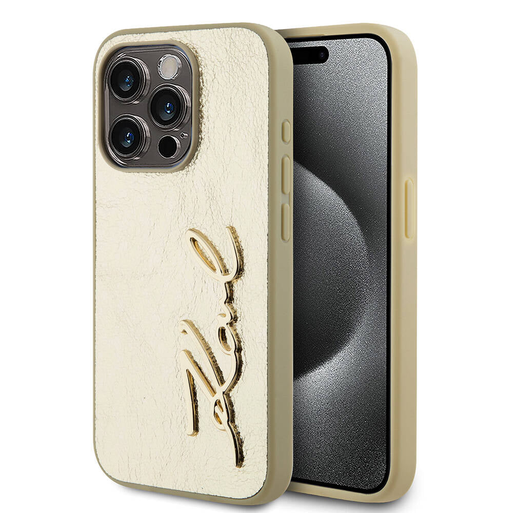 Apple iPhone 15 Pro Case Karl Lagerfeld Original Licensed 3D KL Printed Feathered Back Surface Saffiano Rhinestones Cover Gold