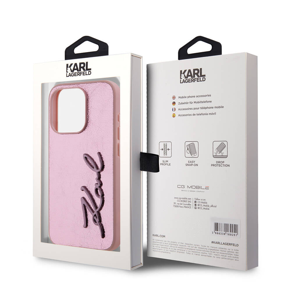 Apple iPhone 15 Pro Case Karl Lagerfeld Original Licensed 3D KL Printed Feathered Back Surface Saffiano Rhinestones Cover Gold