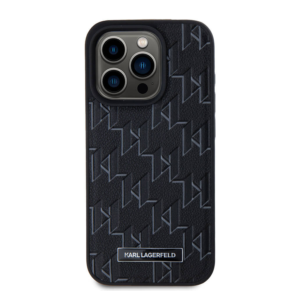 Apple iPhone 15 Pro Case Karl Lagerfeld Original Licensed M-Safe Charging Feature KL Printed Hot Stamp Cover Black