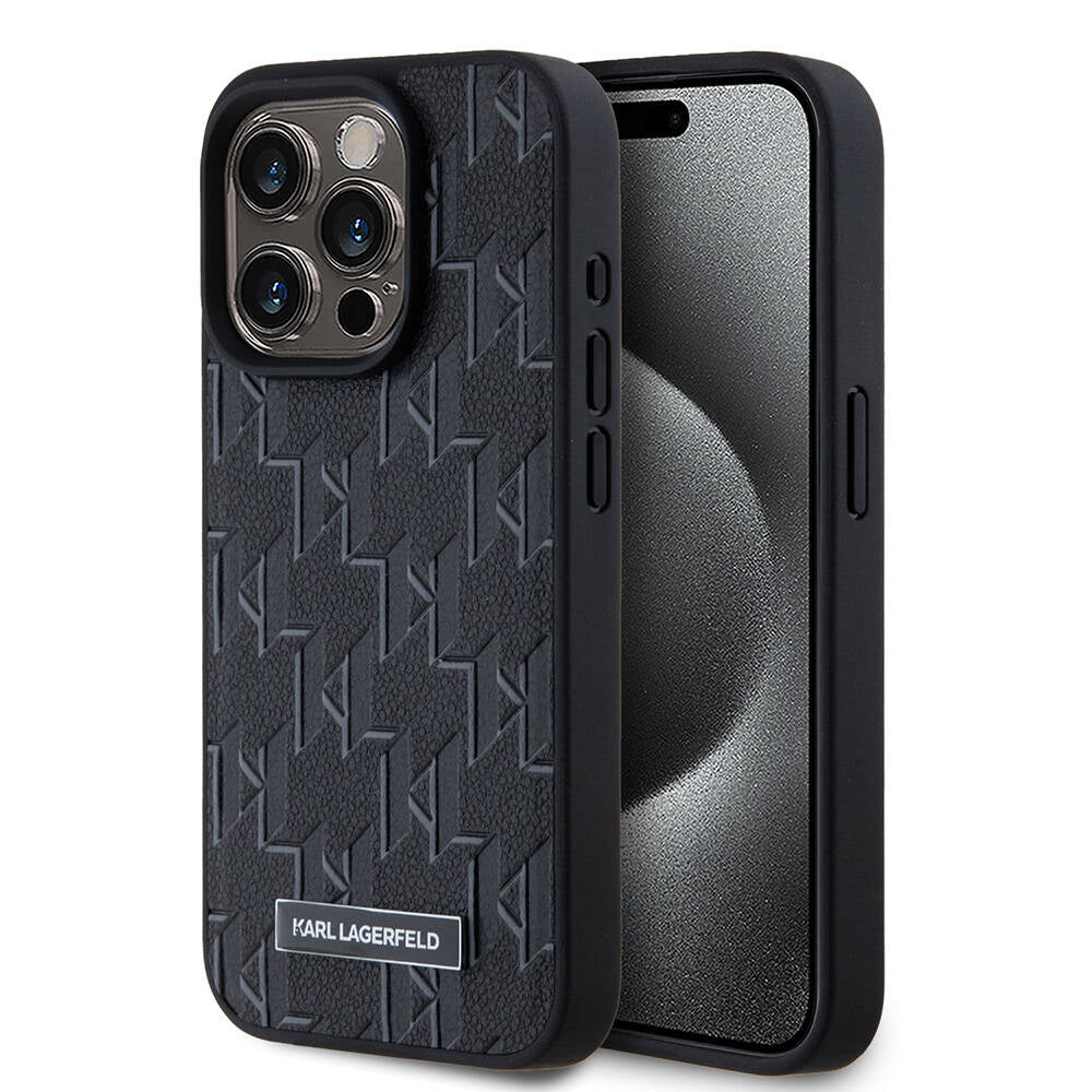 Apple iPhone 15 Pro Case Karl Lagerfeld Original Licensed M-Safe Charging Feature KL Printed Hot Stamp Cover Black