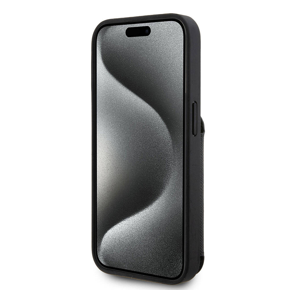 Apple iPhone 15 Pro Kılıf Karl Lagerfeld Standlı Kartlıklı Saffiano K&C Metal Logo Orjinal Lisanslı Kapak Siyah