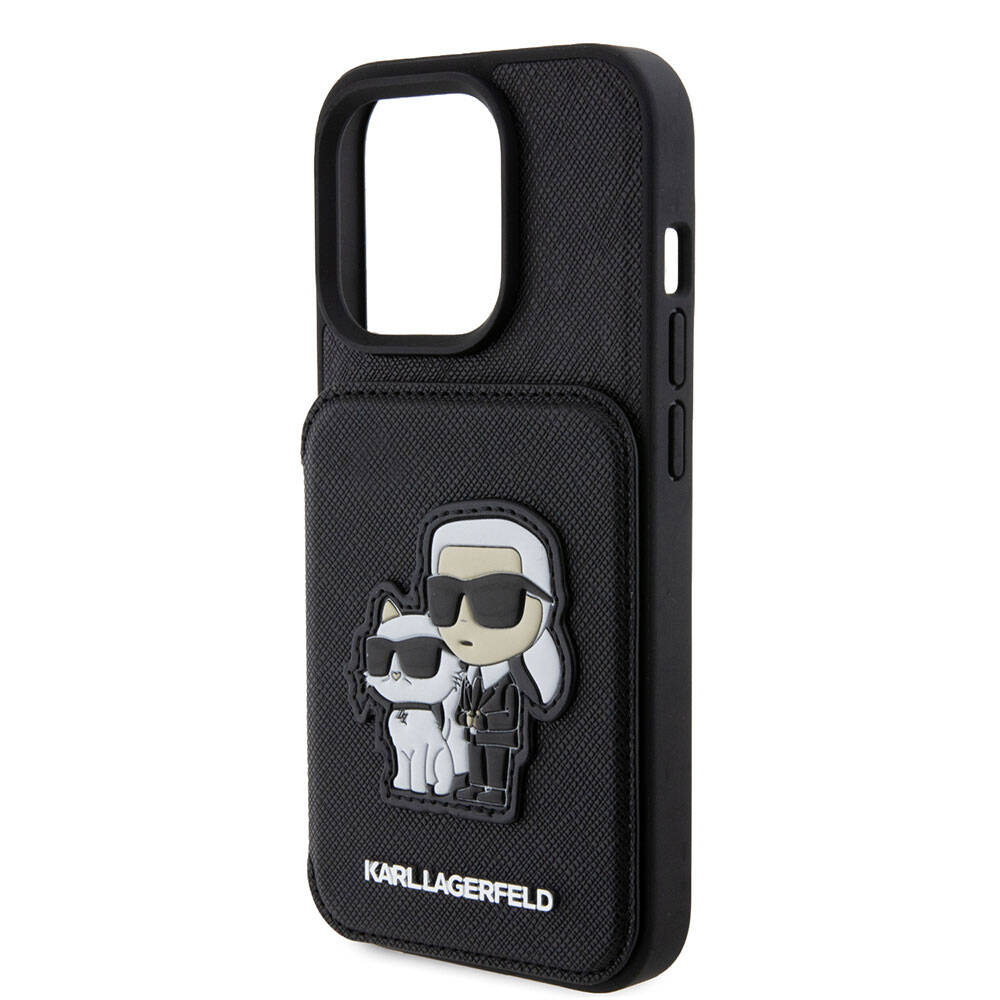 Apple iPhone 15 Pro Kılıf Karl Lagerfeld Standlı Kartlıklı Saffiano K&C Metal Logo Orjinal Lisanslı Kapak Siyah