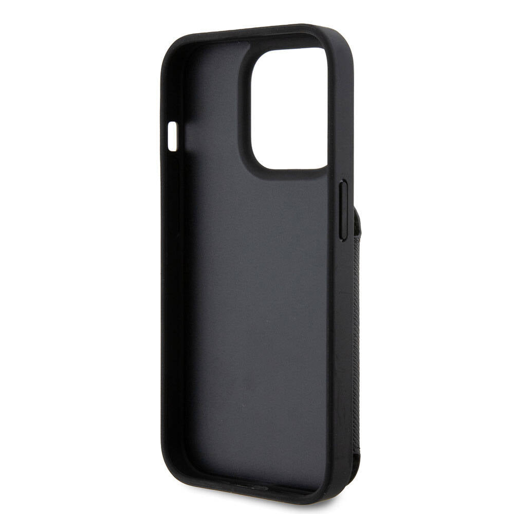 Apple iPhone 15 Pro Kılıf Karl Lagerfeld Standlı Kartlıklı Saffiano K&C Metal Logo Orjinal Lisanslı Kapak Siyah