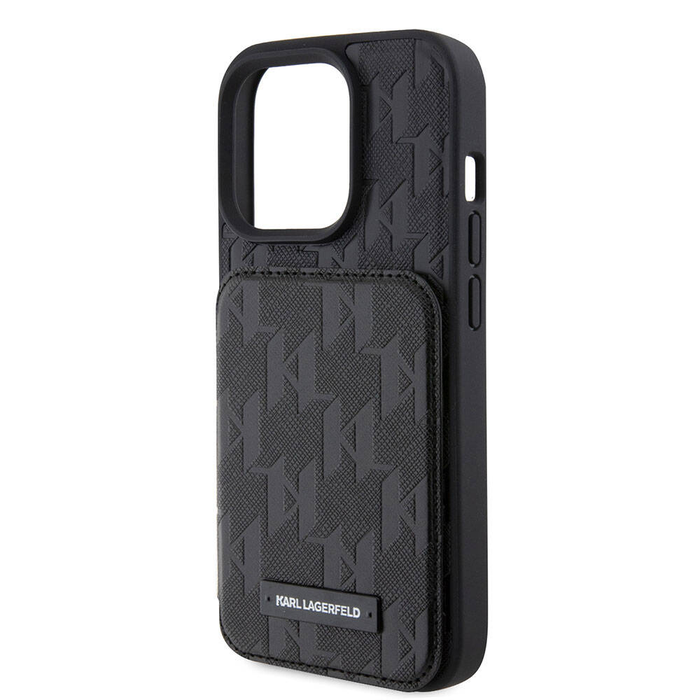 Apple iPhone 15 Pro Kılıf Karl Lagerfeld Standlı Kartlıklı Saffiano Monogram Metal Logo Orjinal Lisanslı Kapak Siyah