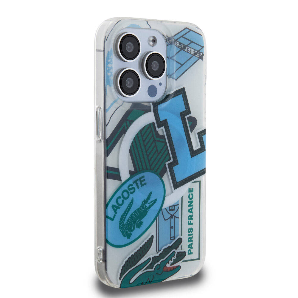 Apple iPhone 15 Pro Case Lacoste Original Licensed M-Safe Charging Feature Double Layer Patches Patterned Cover Blue