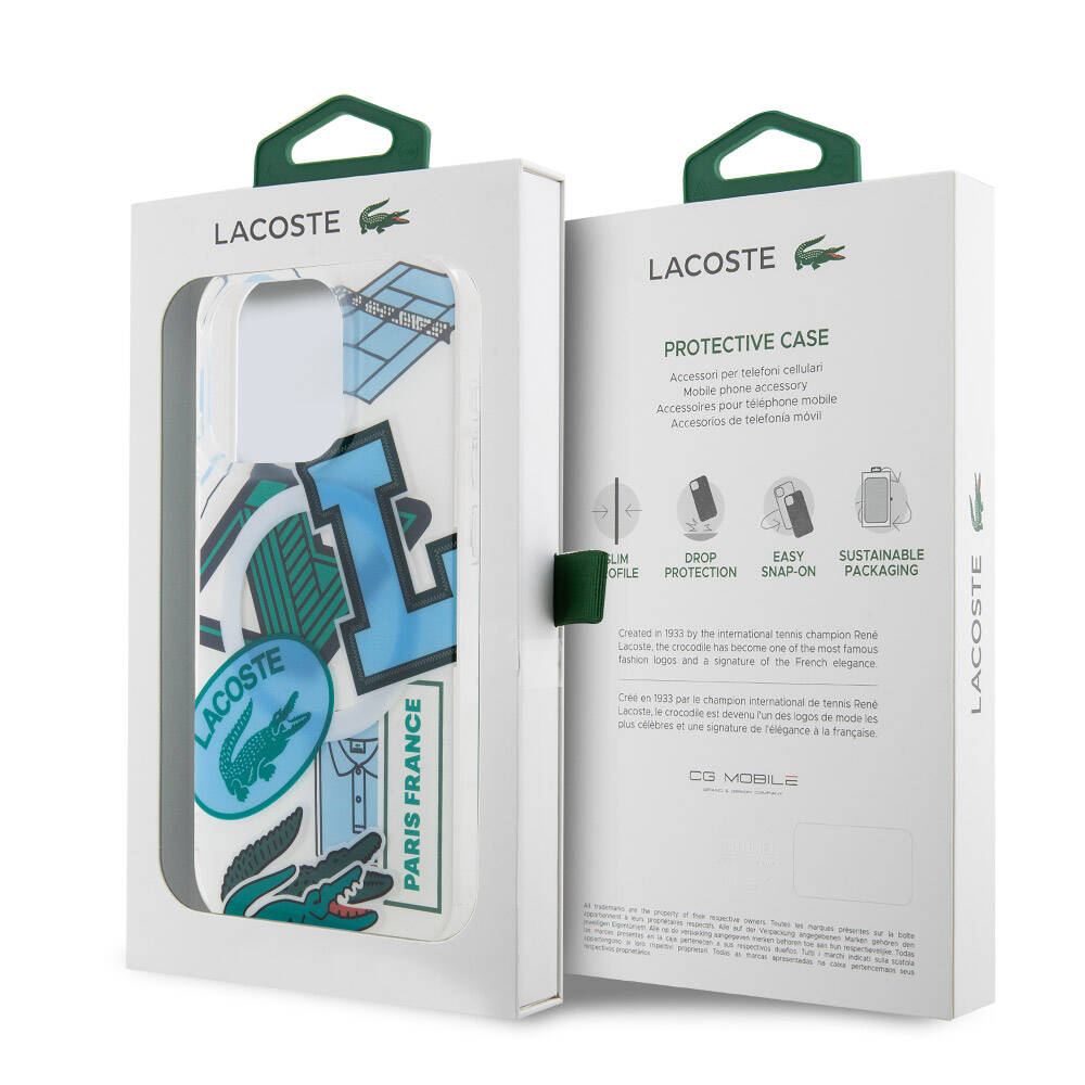 Apple iPhone 15 Pro Case Lacoste Original Licensed M-Safe Charging Feature Double Layer Patches Patterned Cover Blue