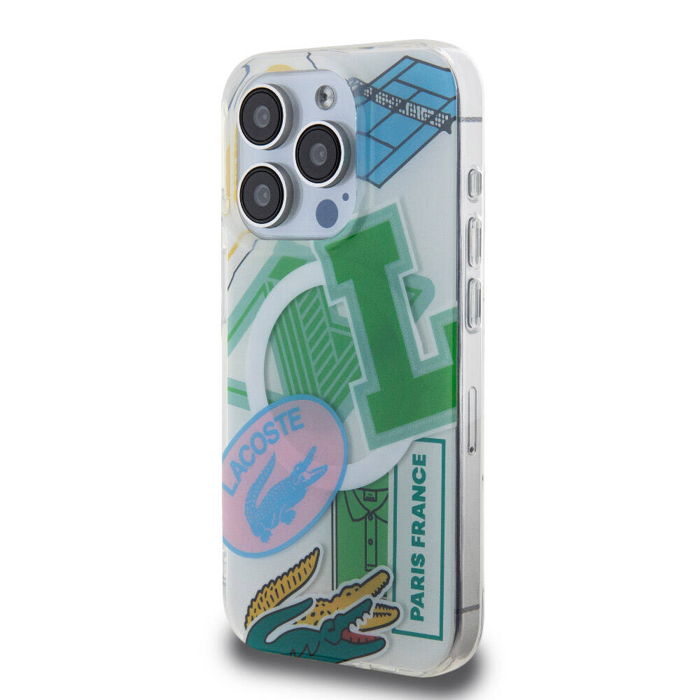 Apple iPhone 15 Pro Case Lacoste Original Licensed M-Safe Charging Feature Double Layer Patches Patterned Cover Blue