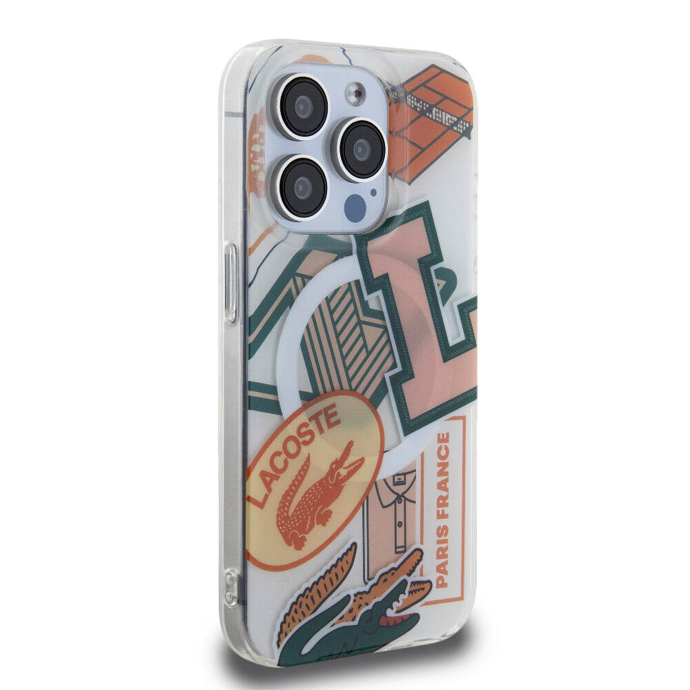 Apple iPhone 15 Pro Case Lacoste Original Licensed M-Safe Charging Feature Double Layer Patches Patterned Cover Blue