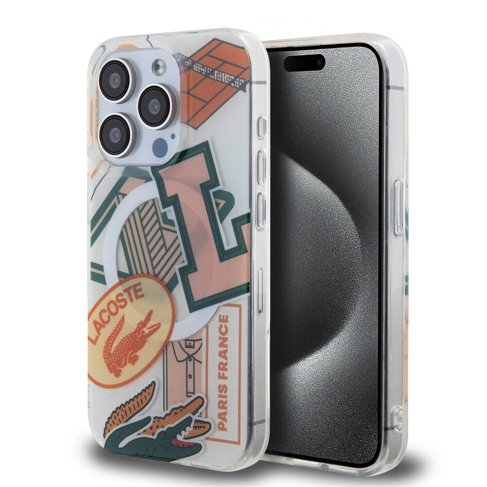 Apple iPhone 15 Pro Case Lacoste Original Licensed M-safe Charging Feature Double Layer Patches Patterned Cover Orange