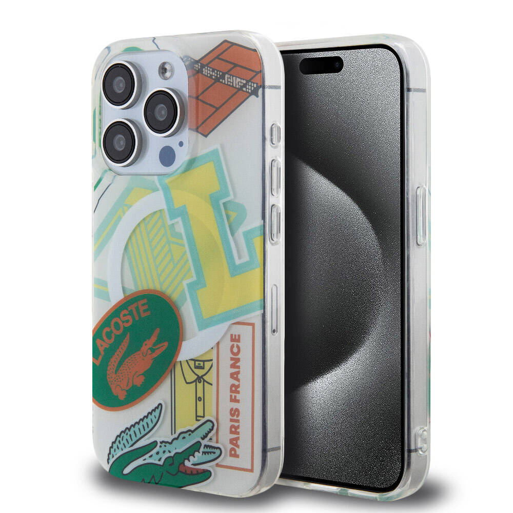 Apple iPhone 15 Pro Case Lacoste Original Licensed M-safe Charging Feature Double Layer Patches Patterned Cover Yellow