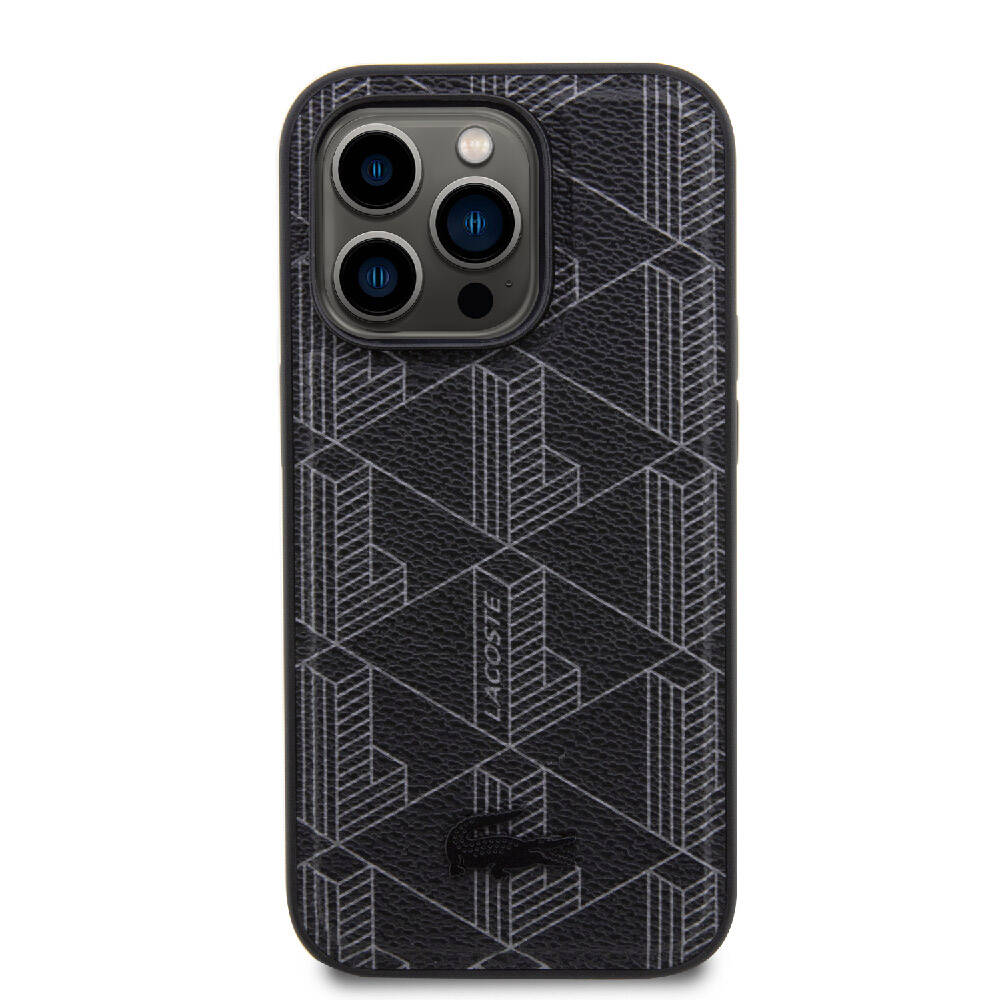 Apple iPhone 15 Pro Case Lacoste Original Licensed M-Safe Charging Feature PU Leather Look Mixed Monogram Patterned Cover Black