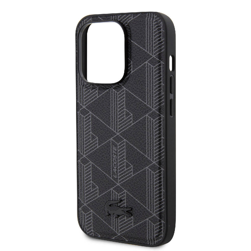 Apple iPhone 15 Pro Case Lacoste Original Licensed M-Safe Charging Feature PU Leather Look Mixed Monogram Patterned Cover Navy Blue