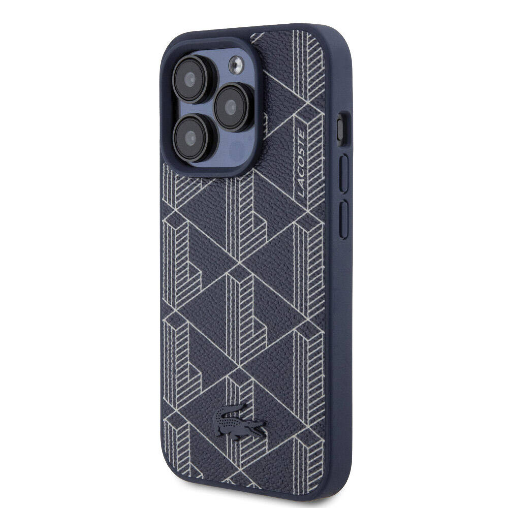 Apple iPhone 15 Pro Case Lacoste Original Licensed M-Safe Charging Feature PU Leather Look Mixed Monogram Patterned Cover Navy Blue