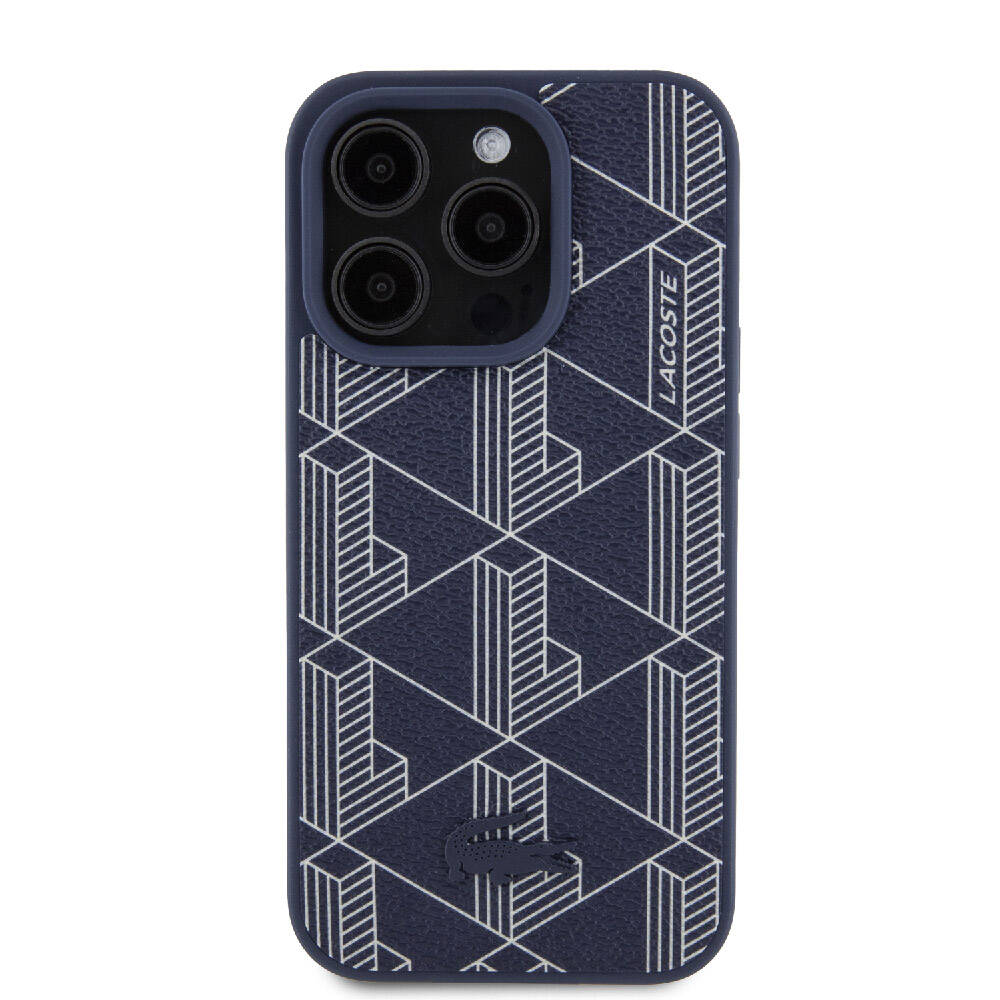 Apple iPhone 15 Pro Case Lacoste Original Licensed M-Safe Charging Feature PU Leather Look Mixed Monogram Patterned Cover Navy Blue