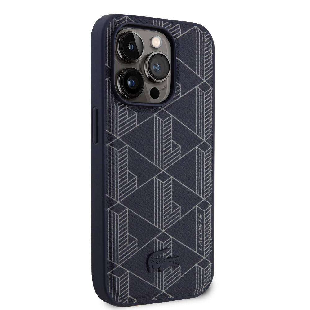 Apple iPhone 15 Pro Case Lacoste Original Licensed M-Safe Charging Feature PU Leather Look Mixed Monogram Patterned Cover Navy Blue