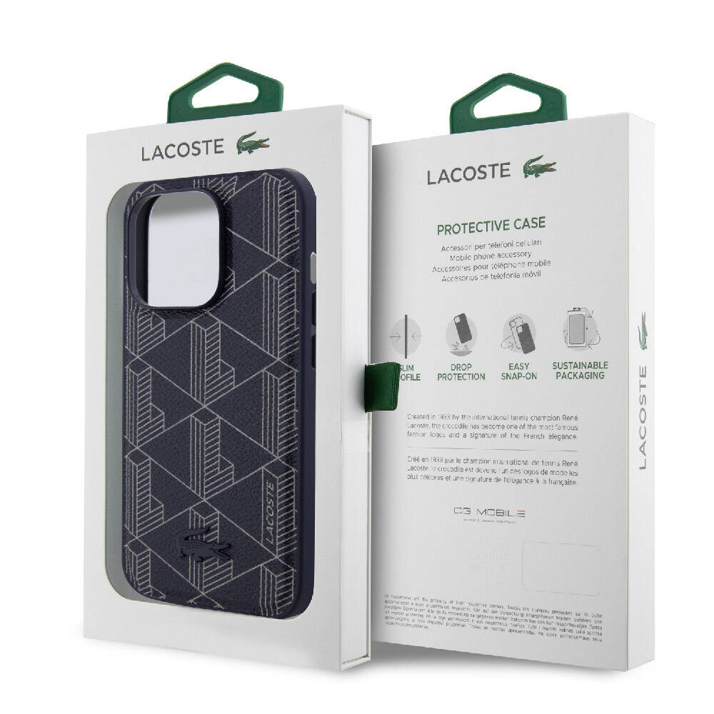 Apple iPhone 15 Pro Case Lacoste Original Licensed M-Safe Charging Feature PU Leather Look Mixed Monogram Patterned Cover Navy Blue