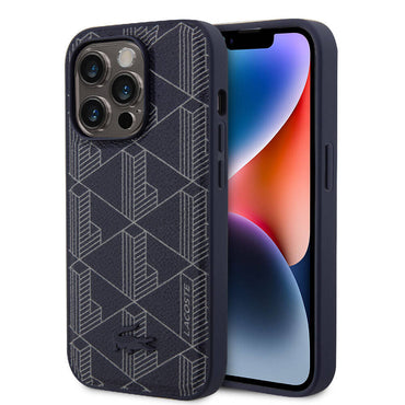 Apple iPhone 15 Pro Kılıf Lacoste Orjinal Lisanslı M-safe Şarj Özellikli PU Deri Görünümlü Karışık Monogram Desenli Kapak Lacivert