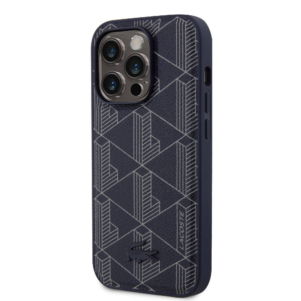 Apple iPhone 15 Pro Case Lacoste Original Licensed M-Safe Charging Feature PU Leather Look Mixed Monogram Patterned Cover Navy Blue
