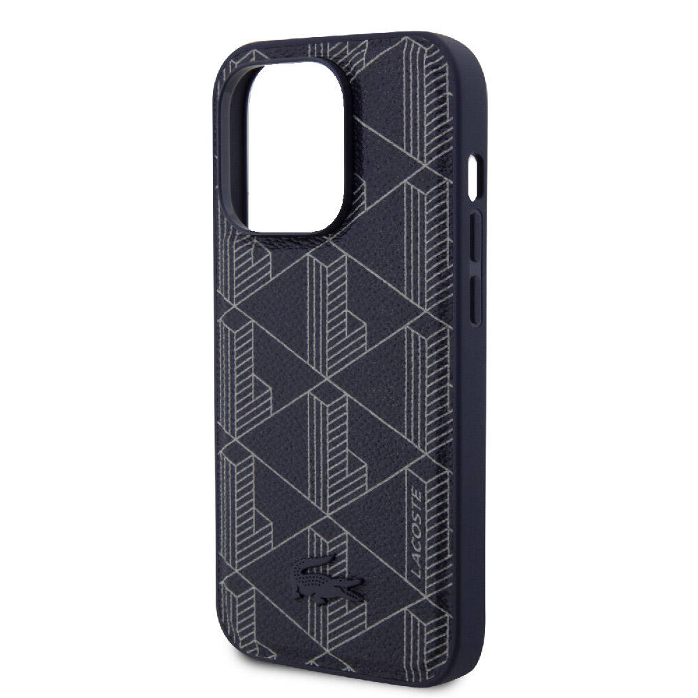 Apple iPhone 15 Pro Case Lacoste Original Licensed M-Safe Charging Feature PU Leather Look Mixed Monogram Patterned Cover Navy Blue
