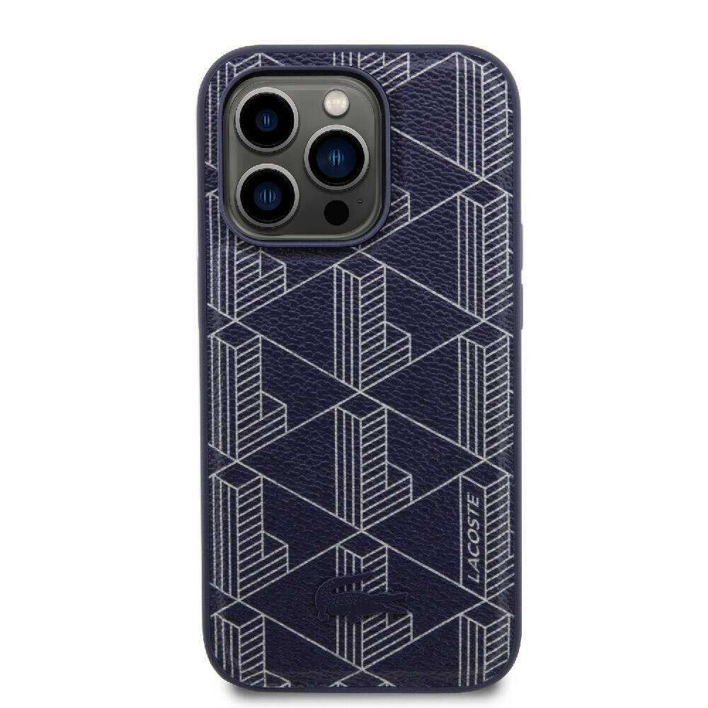 Apple iPhone 15 Pro Case Lacoste Original Licensed M-Safe Charging Feature PU Leather Look Mixed Monogram Patterned Cover Navy Blue