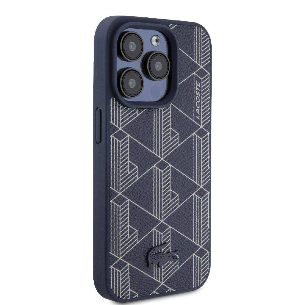 Apple iPhone 15 Pro Case Lacoste Original Licensed M-Safe Charging Feature PU Leather Look Mixed Monogram Patterned Cover Navy Blue