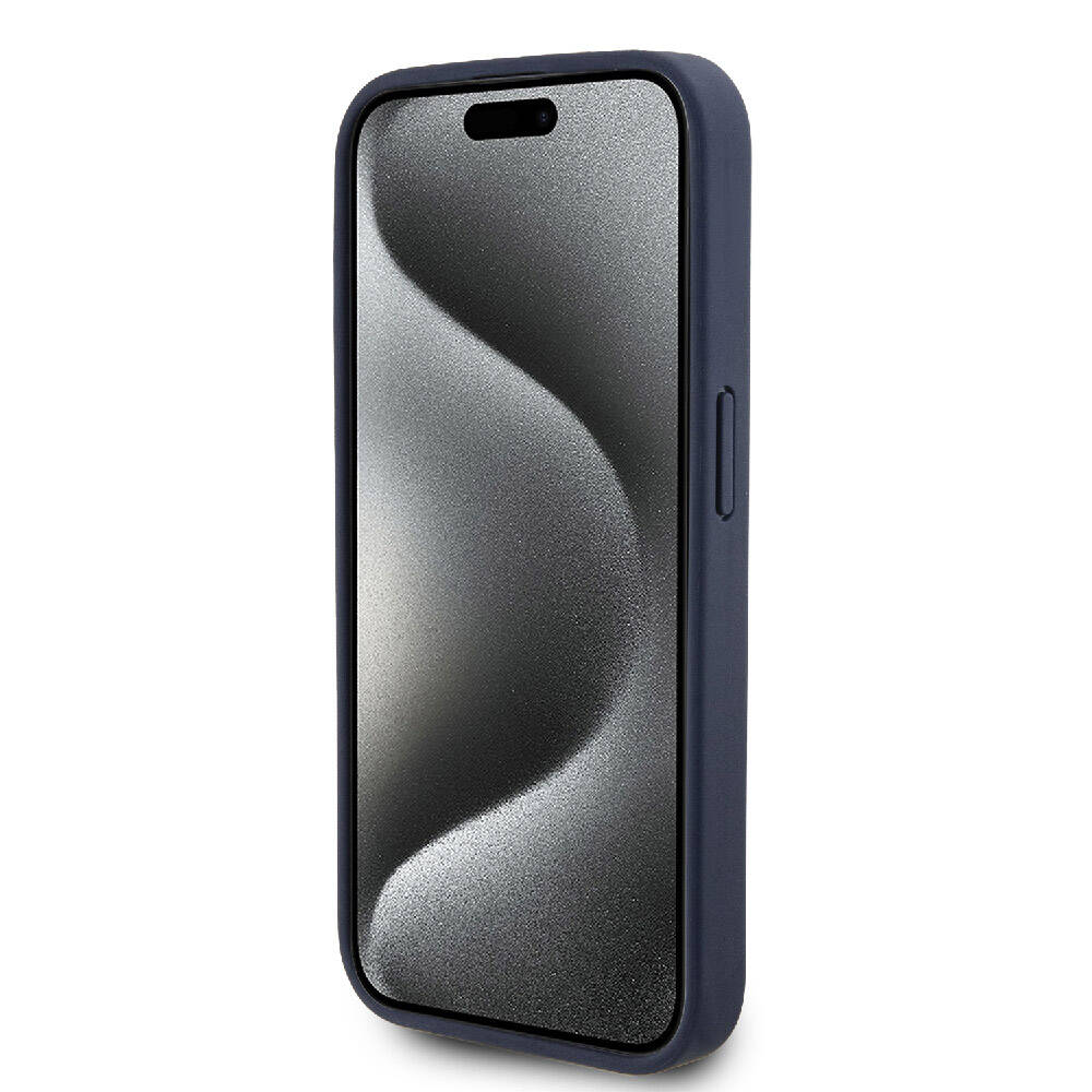 Apple iPhone 15 Pro Case Lacoste Original Licensed M-Safe Charging Feature PU Leather Look Mixed Monogram Patterned Cover Navy Blue