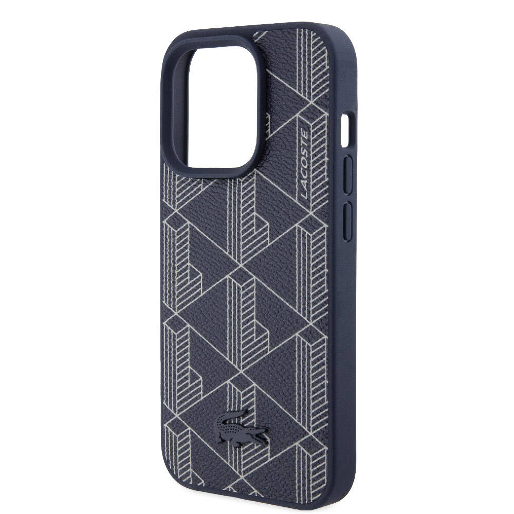 Apple iPhone 15 Pro Case Lacoste Original Licensed M-Safe Charging Feature PU Leather Look Mixed Monogram Patterned Cover Black