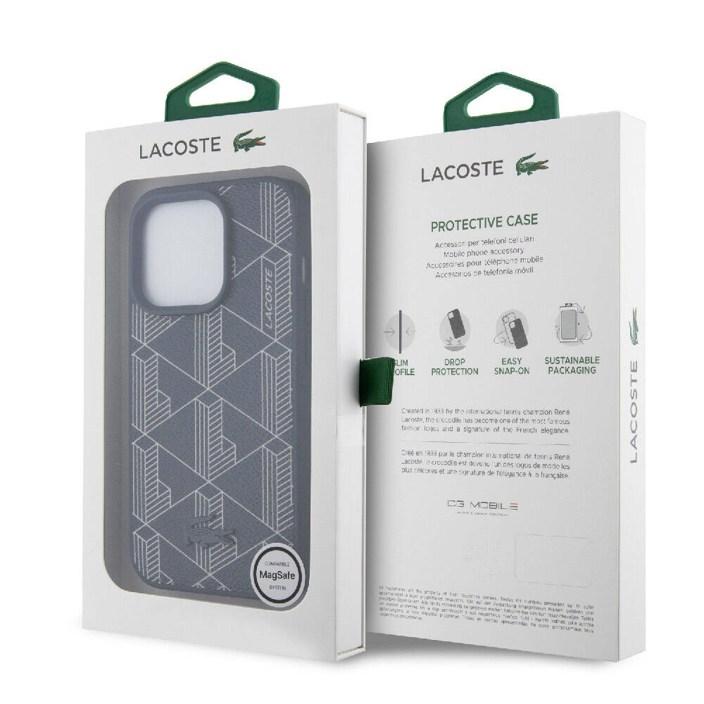 Apple iPhone 15 Pro Case Lacoste Original Licensed M-Safe Charging Feature PU Leather Look Mixed Monogram Patterned Cover Navy Blue
