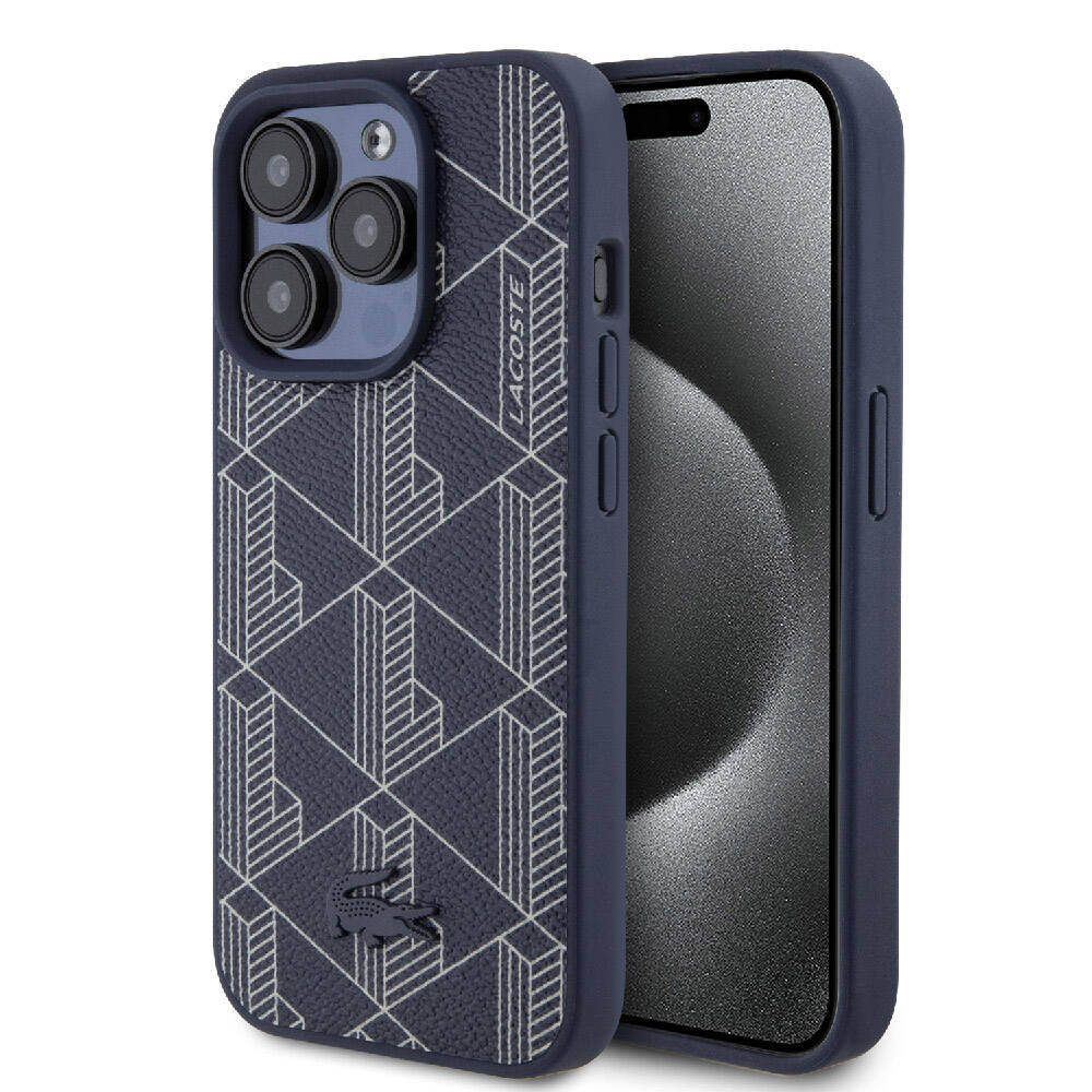 Apple iPhone 15 Pro Case Lacoste Original Licensed M-Safe Charging Feature PU Leather Look Mixed Monogram Patterned Cover Navy Blue